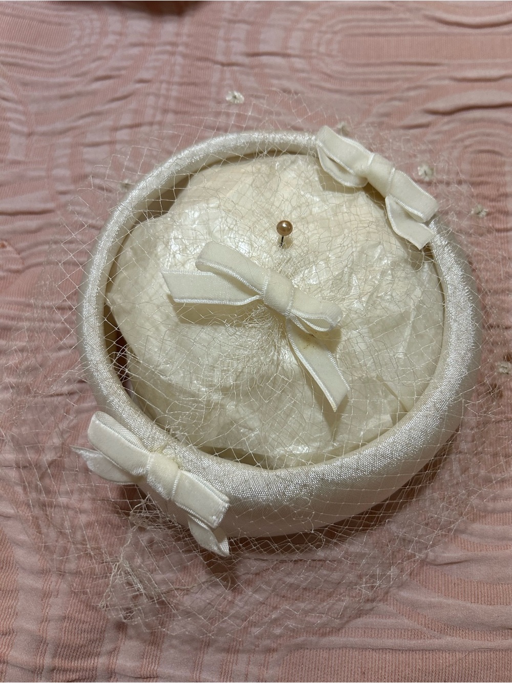 Vintage Ivory Satin Veiled Pillbox Hat with Bows